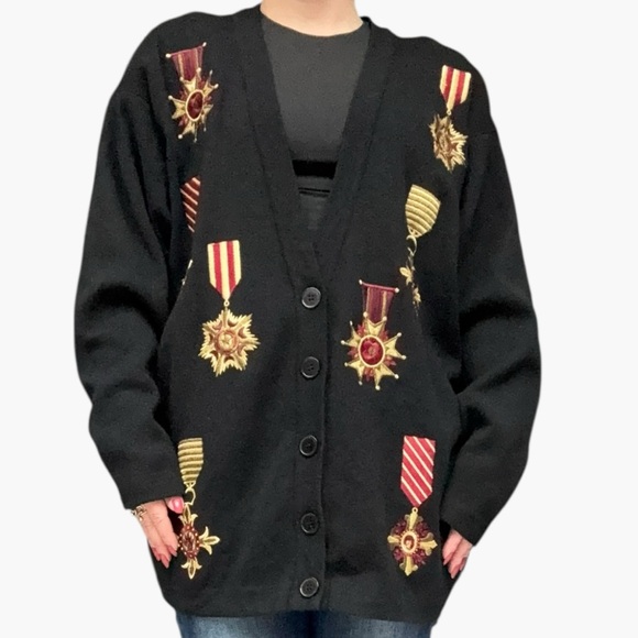 Vintage Jones New York Black Embroidered Medal Cardigan Size Medium 90s - Picture 9 of 10